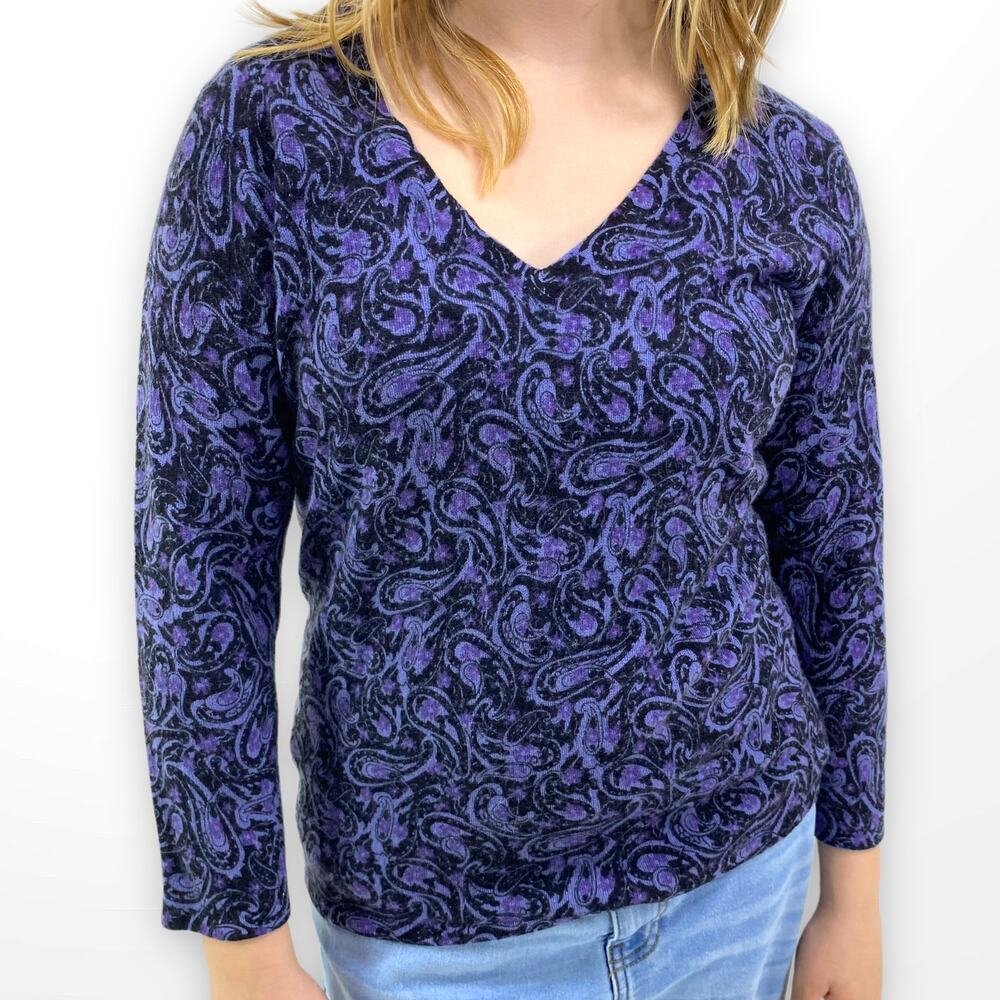 00s SUTTON STUDIO Vintage Purple Black Cashmere Paisley V-Neck Sweater